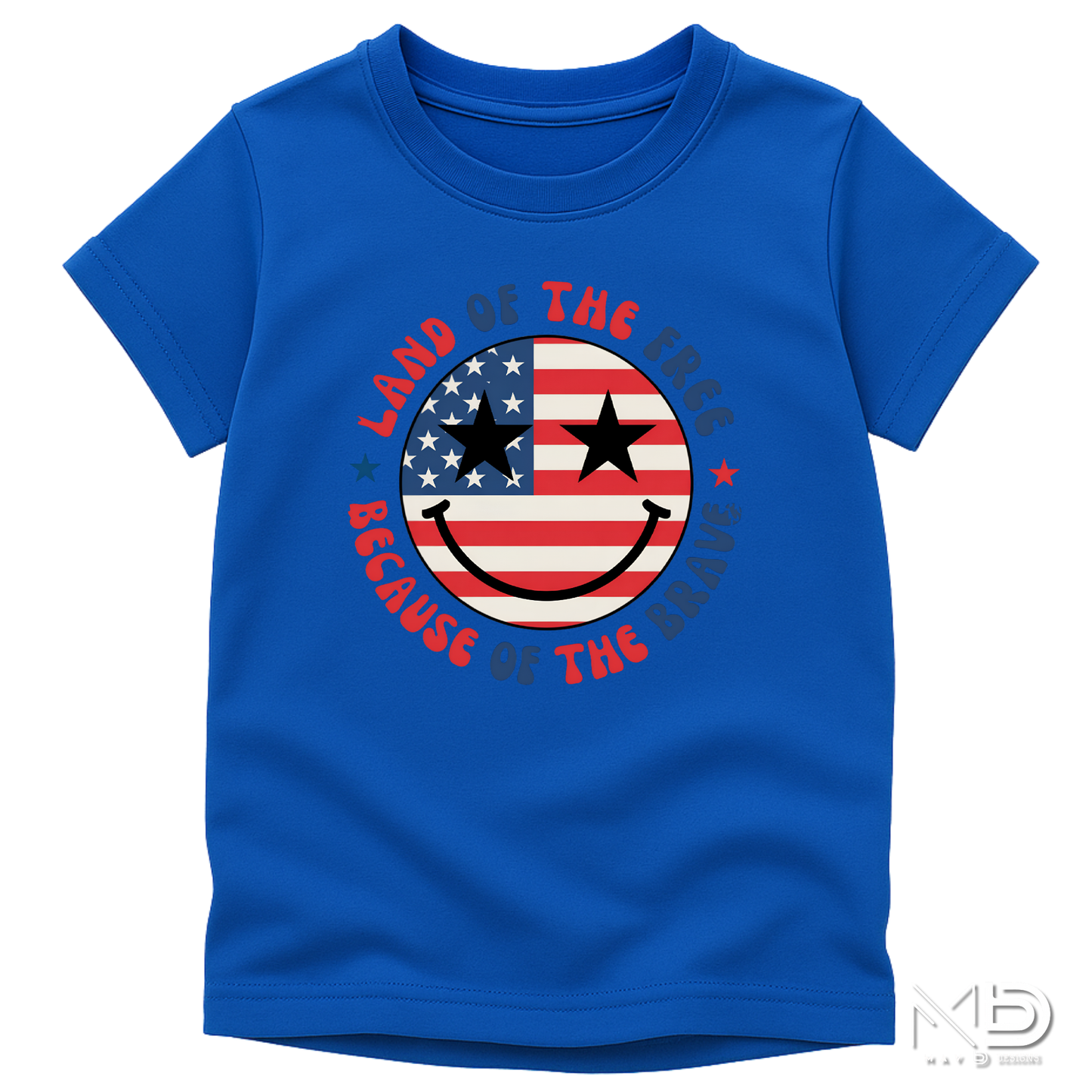 Land of the Free Because of the Braves Patriotic Smiley Face Shirt | American Flag Happy Face Tee | Fourth of July Graphic T-Shirt | USA Independence Day Shirt