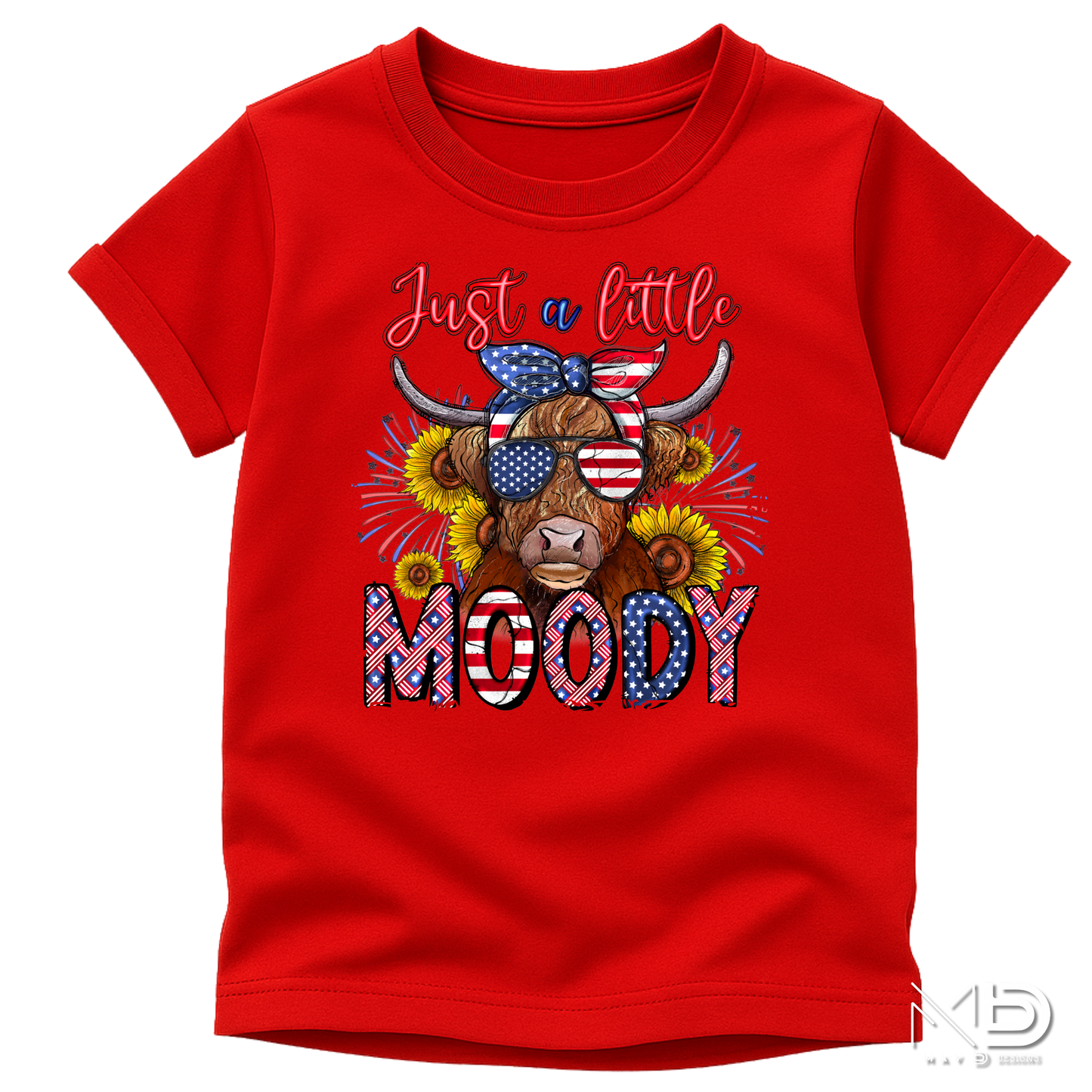Just a Little Moody Highland Cow Patriotic Shirt | Fourth of July Cow Tee | American Flag Highland Cow Graphic T-Shirt | Funny Independence Day Shirt