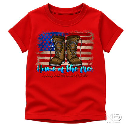 Home of the Free Because of the Brave Shirt | Military Appreciation Tee | Patriotic Combat Boots Shirt | Veteran Support Fourth of July T-Shirt