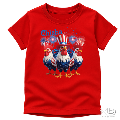 Chicka Boom Boom Patriotic Rooster Shirt | Funny Fourth of July Chicken Tee | Red White & Blue Farmhouse Graphic T-Shirt