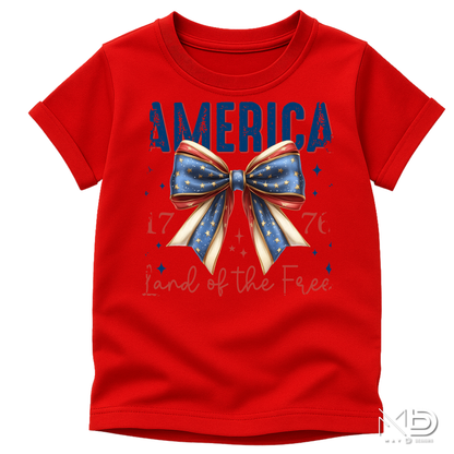 America 1776 Land of the Free Patriotic Bow Shirt | Fourth of July Americana Tee | Red White Blue Graphic T-Shirt