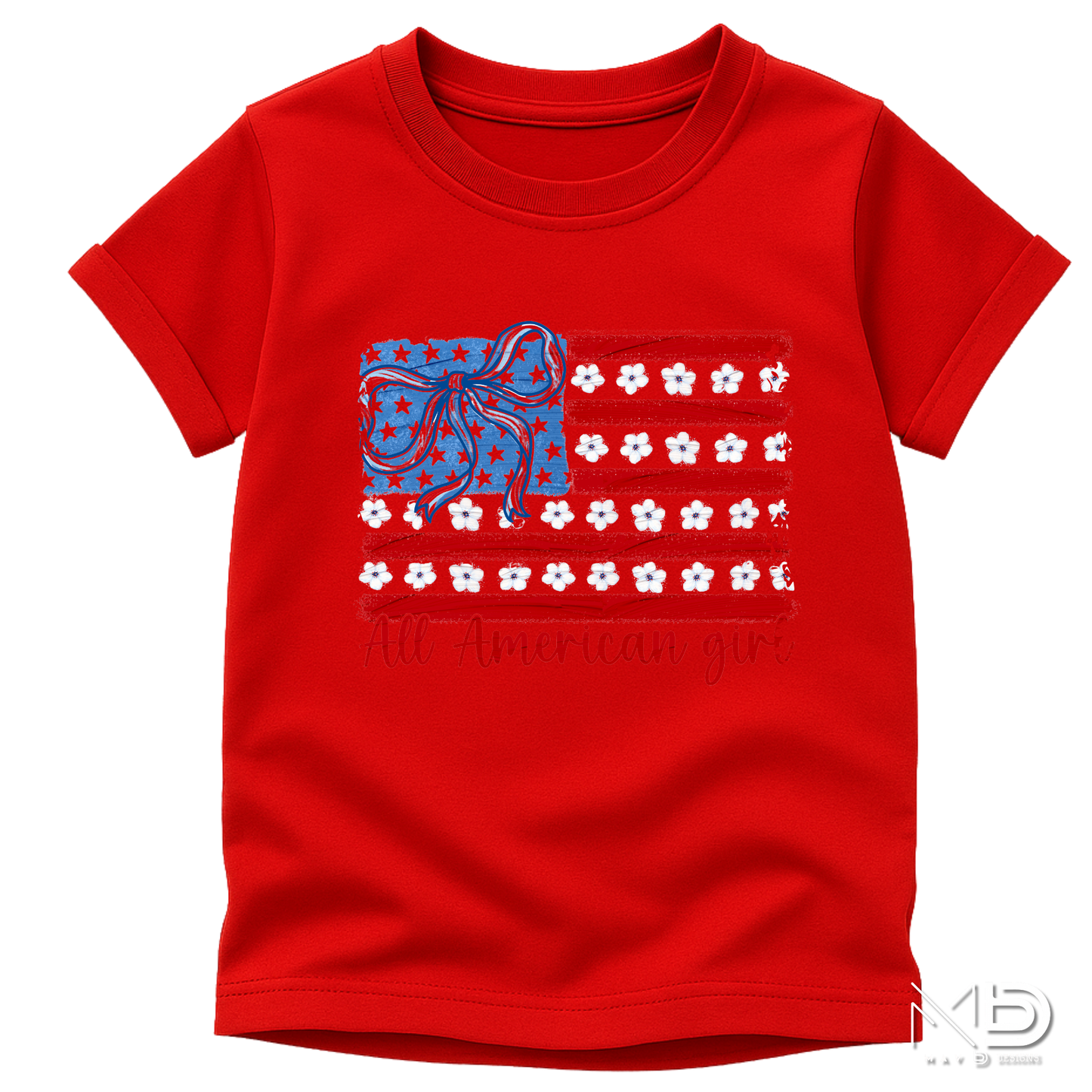 All American Girl Patriotic Flag Shirt | Coquette Bow & Daisy USA Tee | Fourth of July Women’s Graphic T-Shirt | Red White Blue Americana Shirt