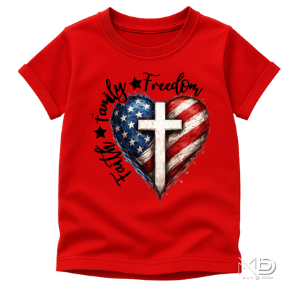 Faith Family Freedom Patriotic Christian Shirt | American Flag Heart Cross Tee | USA Independence Day Christian T-Shirt