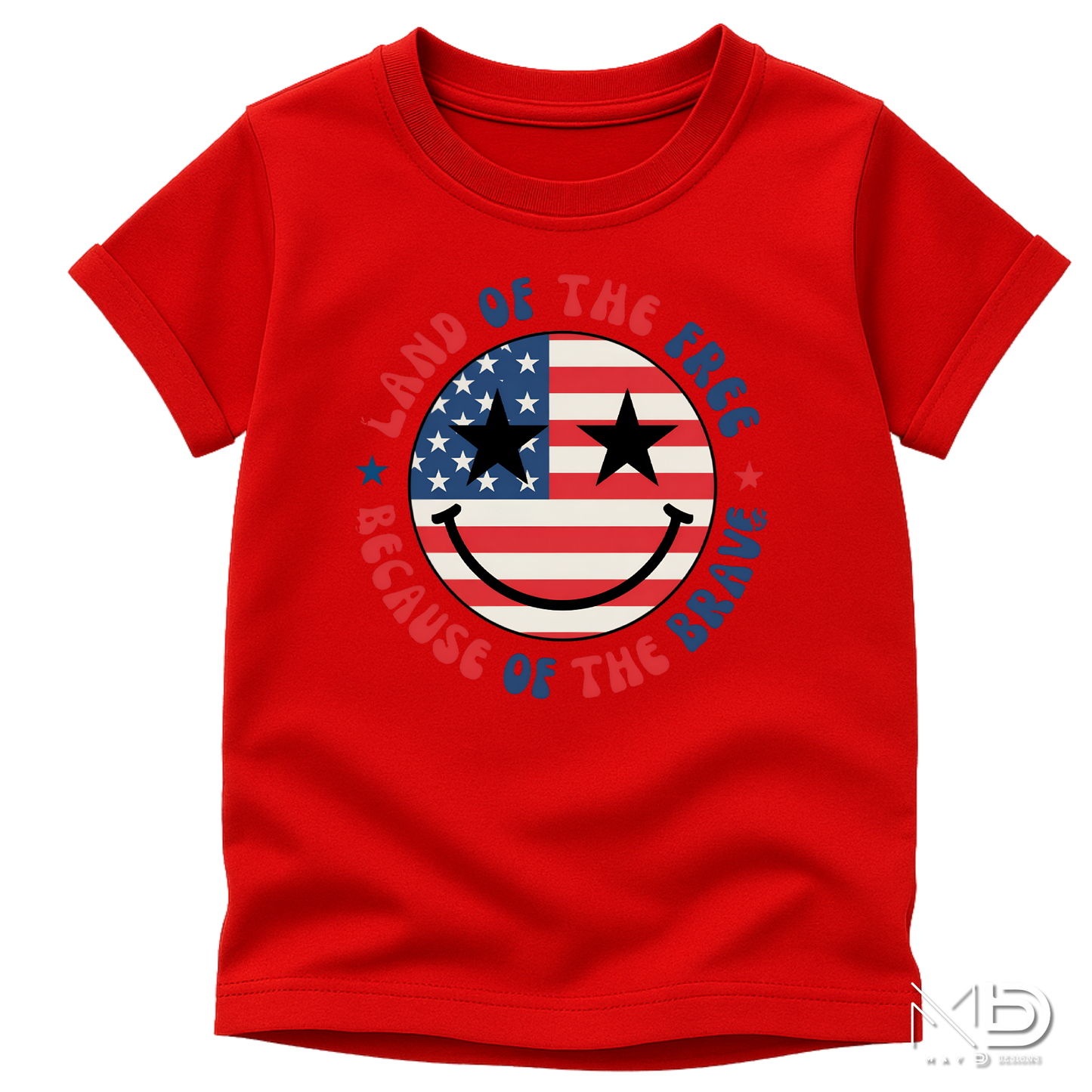 Land of the Free Because of the Braves Patriotic Smiley Face Shirt | American Flag Happy Face Tee | Fourth of July Graphic T-Shirt | USA Independence Day Shirt