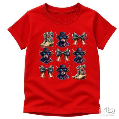 Patriotic Highland Cow & Boots Shirt | Americana Coquette Bow Tee | Western Fourth of July Shirt | Cute USA Cowgirl Graphic T-Shirt