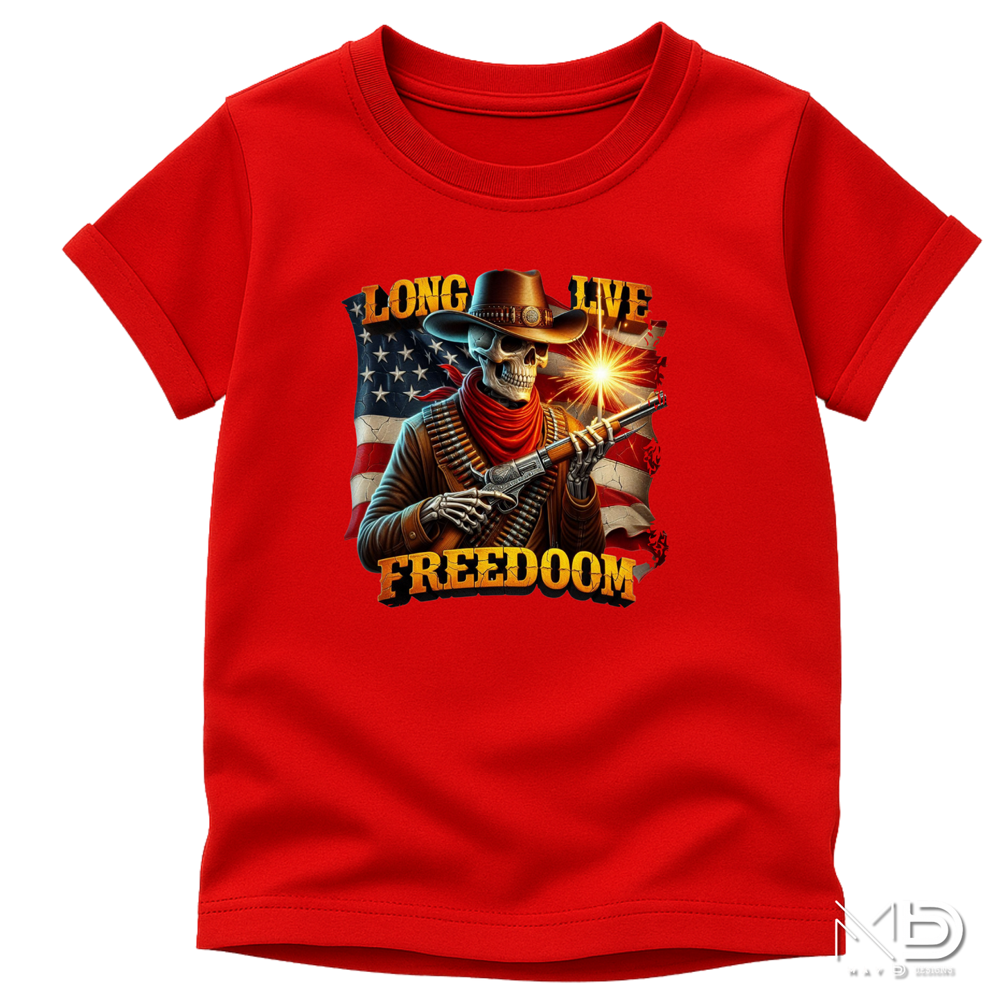 Long Live Freedom Skeleton Cowboy Shirt | Patriotic Western Graphic Tee | American Flag Cowboy Skull T-Shirt | Fourth of July Country Freedom Shirt