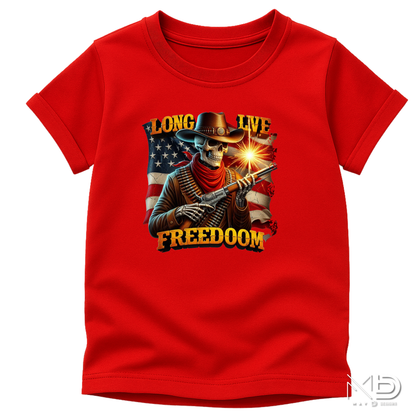 Long Live Freedom Skeleton Cowboy Shirt | Patriotic Western Graphic Tee | American Flag Cowboy Skull T-Shirt | Fourth of July Country Freedom Shirt