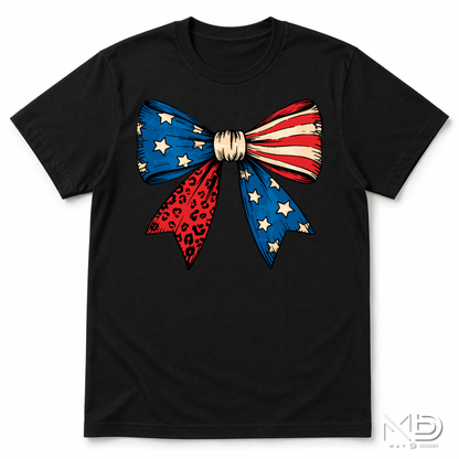 Patriotic Coquette Bow Shirt | American Flag Leopard Print Bow Tee | Fourth of July Red White & Blue T-Shirt