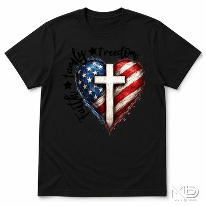 Faith Family Freedom Patriotic Christian Shirt | American Flag Heart Cross Tee | USA Independence Day Christian T-Shirt