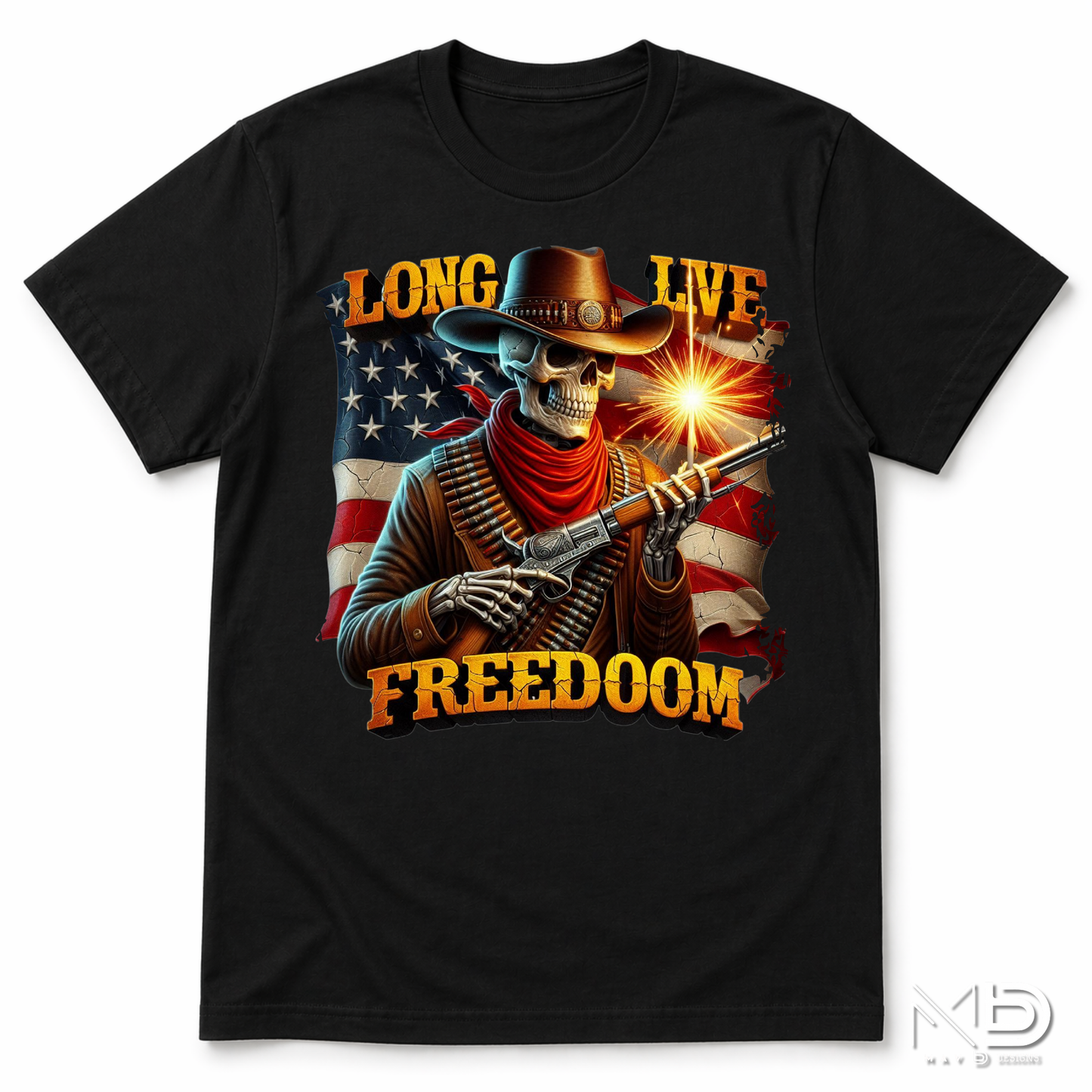 Long Live Freedom Skeleton Cowboy Shirt | Patriotic Western Graphic Tee | American Flag Cowboy Skull T-Shirt | Fourth of July Country Freedom Shirt