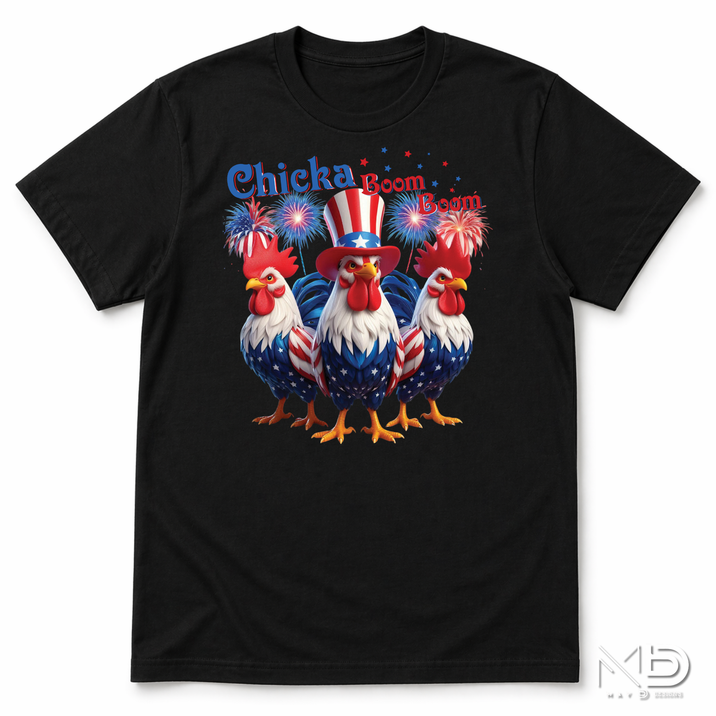 Chicka Boom Boom Patriotic Rooster Shirt | Funny Fourth of July Chicken Tee | Red White & Blue Farmhouse Graphic T-Shirt