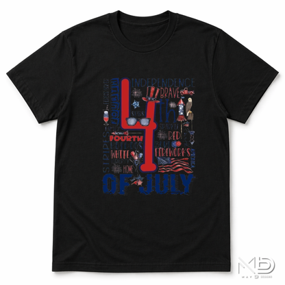 4th of July Word Art Patriotic Shirt | Independence Day Typography Tee | Red White Blue Fireworks Graphic T-Shirt | Americana Celebration Shirt
