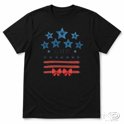 Stars and Stripes Patriotic Bow Shirt | Coquette Fourth of July Tee | Red White and Blue Bow Graphic T-Shirt | Cute Americana Shirt