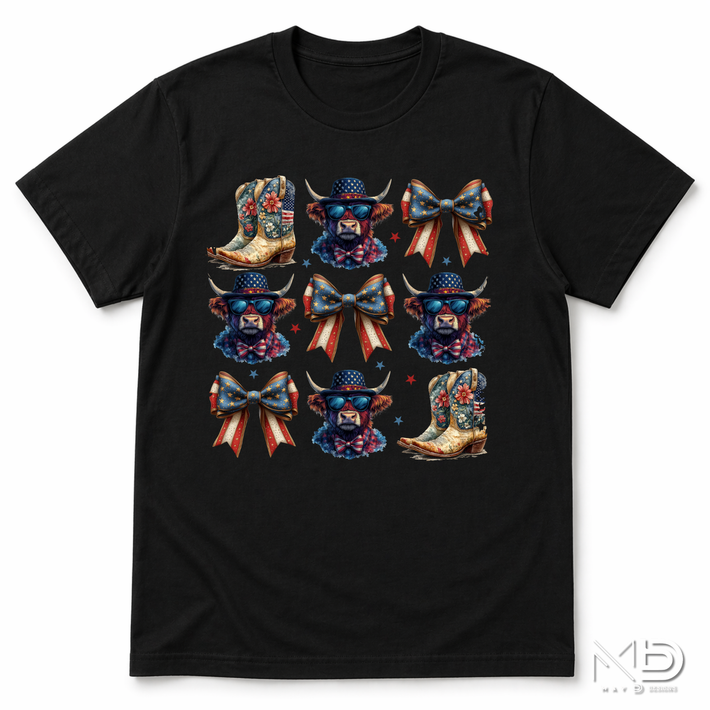 Patriotic Highland Cow & Boots Shirt | Americana Coquette Bow Tee | Western Fourth of July Shirt | Cute USA Cowgirl Graphic T-Shirt