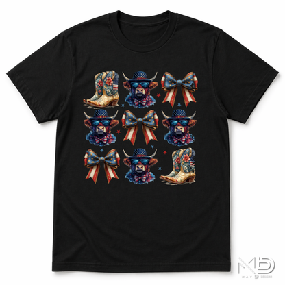 Patriotic Highland Cow & Boots Shirt | Americana Coquette Bow Tee | Western Fourth of July Shirt | Cute USA Cowgirl Graphic T-Shirt