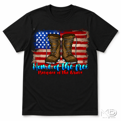 Home of the Free Because of the Brave Shirt | Military Appreciation Tee | Patriotic Combat Boots Shirt | Veteran Support Fourth of July T-Shirt