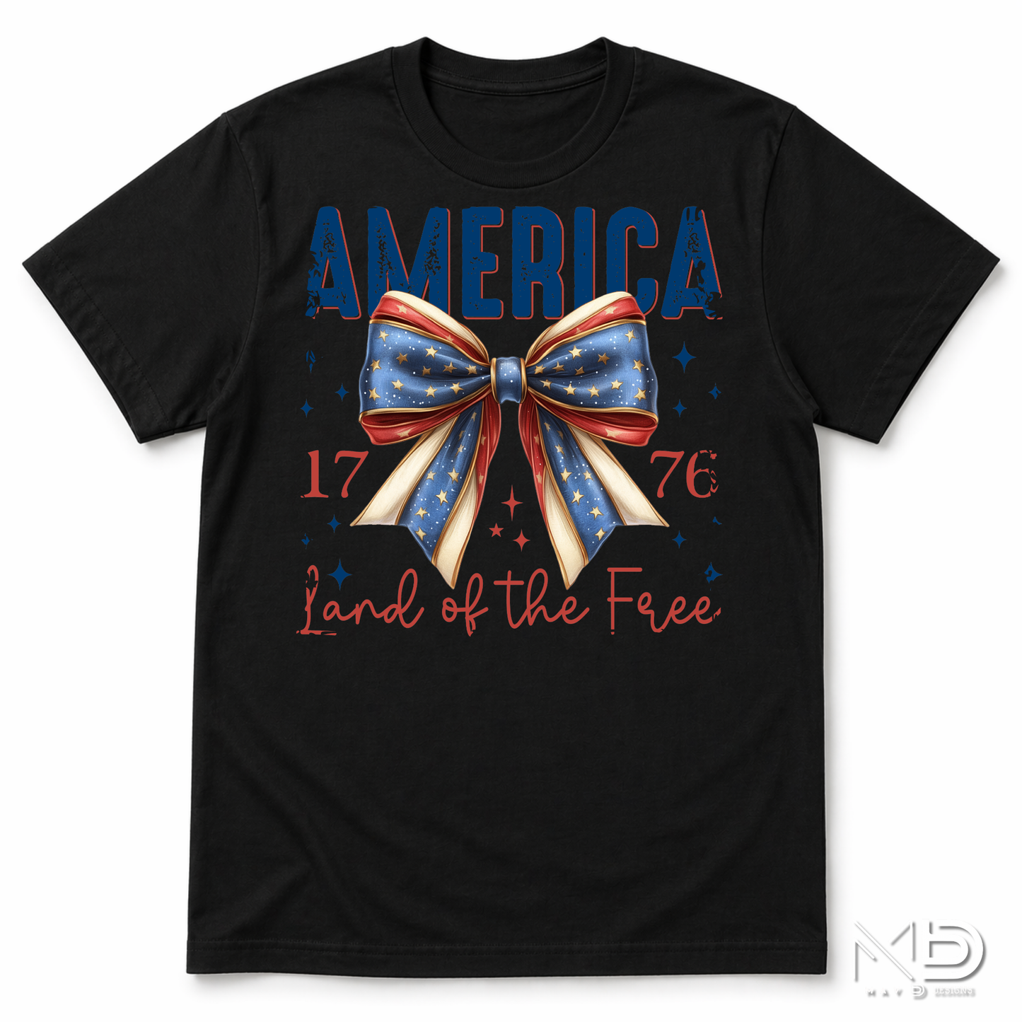 America 1776 Land of the Free Patriotic Bow Shirt | Fourth of July Americana Tee | Red White Blue Graphic T-Shirt