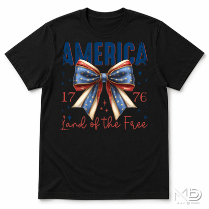 America 1776 Land of the Free Patriotic Bow Shirt | Fourth of July Americana Tee | Red White Blue Graphic T-Shirt