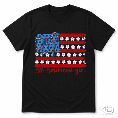 All American Girl Patriotic Flag Shirt | Coquette Bow & Daisy USA Tee | Fourth of July Women’s Graphic T-Shirt | Red White Blue Americana Shirt