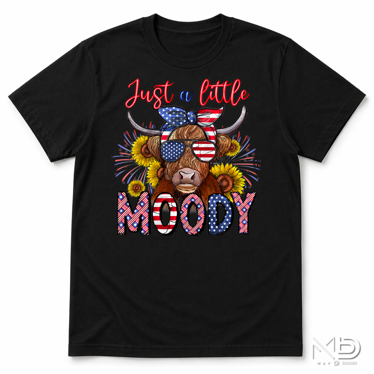 Just a Little Moody Highland Cow Patriotic Shirt | Fourth of July Cow Tee | American Flag Highland Cow Graphic T-Shirt | Funny Independence Day Shirt