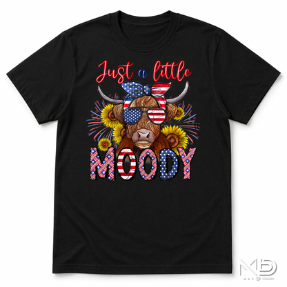 Just a Little Moody Highland Cow Patriotic Shirt | Fourth of July Cow Tee | American Flag Highland Cow Graphic T-Shirt | Funny Independence Day Shirt