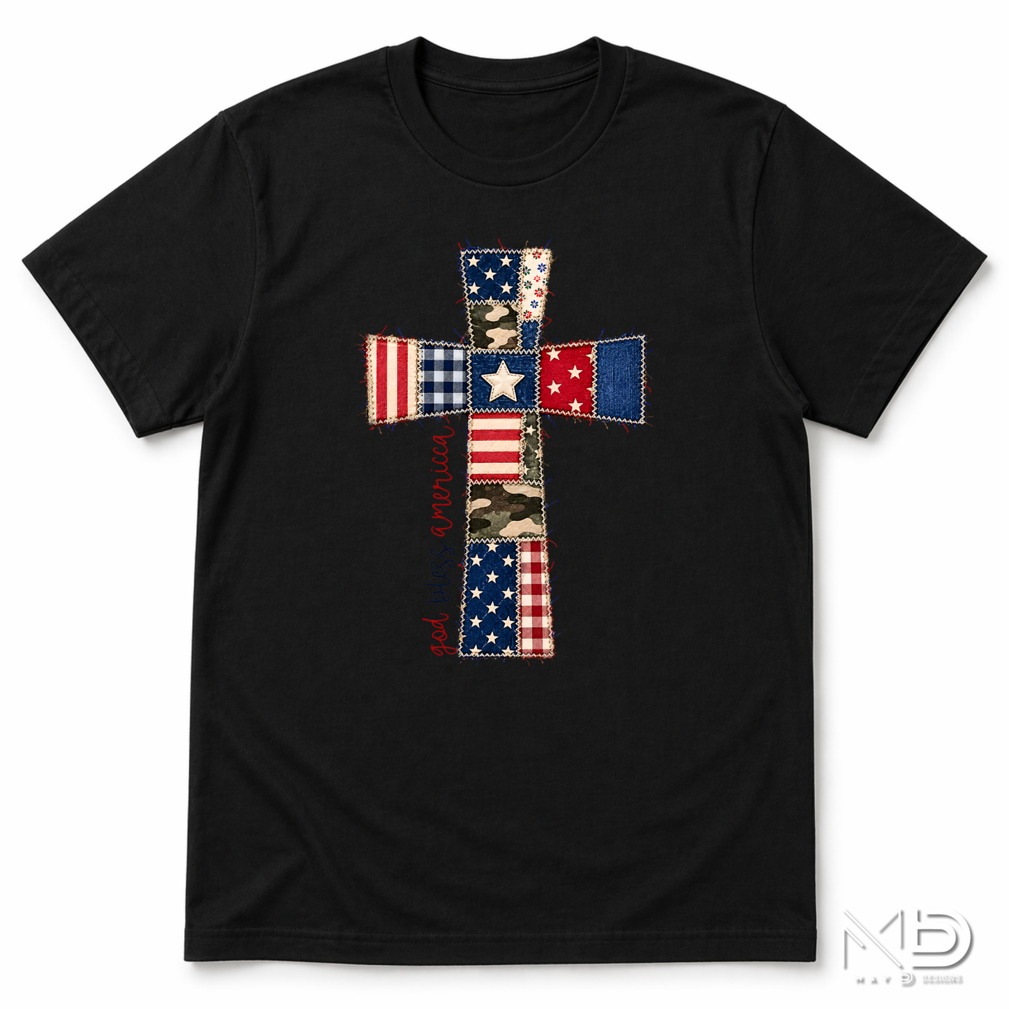 God Bless America Patchwork Cross Shirt | Patriotic Christian Faith Tee