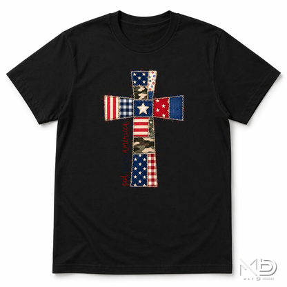 God Bless America Patchwork Cross Shirt | Patriotic Christian Faith Tee
