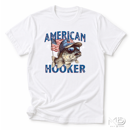 American Hooker Fishing Shirt | Patriotic Bass Fisherman Tee | Fourth of July Fishing Graphic T-Shirt