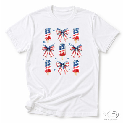 Patriotic Popsicle Shirt | Fourth of July Bow Tee | Red White Blue Summer Graphic T-Shirt