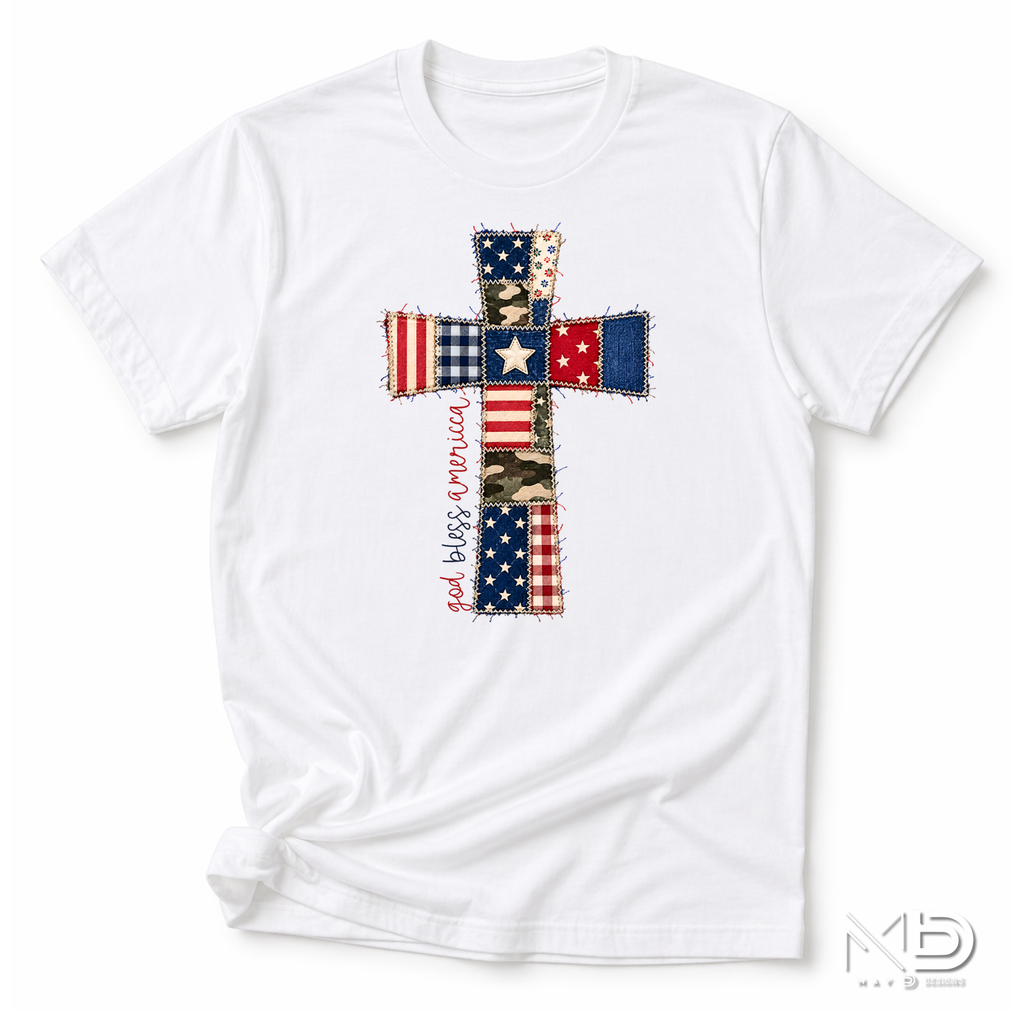 God Bless America Patchwork Cross Shirt | Patriotic Christian Faith Tee