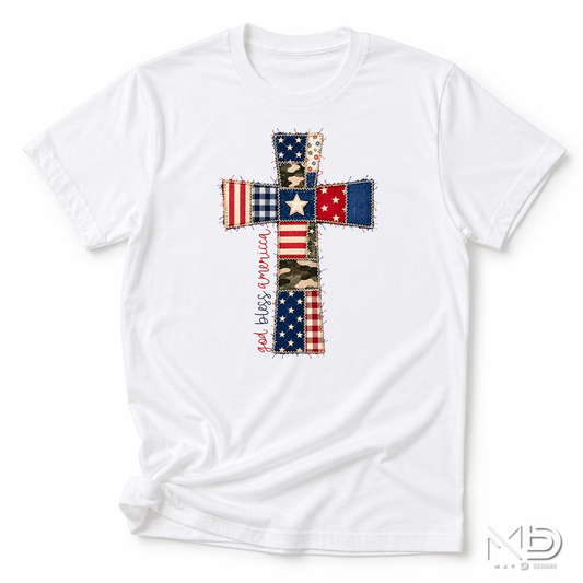 God Bless America Patchwork Cross Shirt | Patriotic Christian Faith Tee