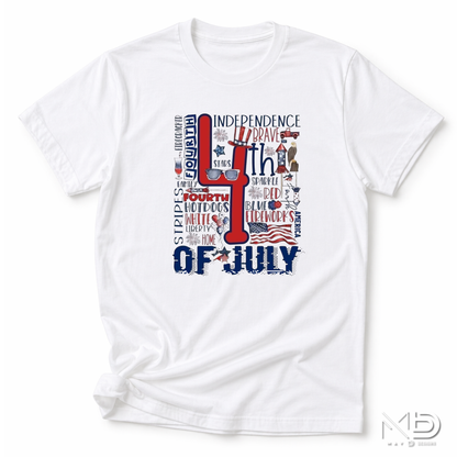 4th of July Word Art Patriotic Shirt | Independence Day Typography Tee | Red White Blue Fireworks Graphic T-Shirt | Americana Celebration Shirt