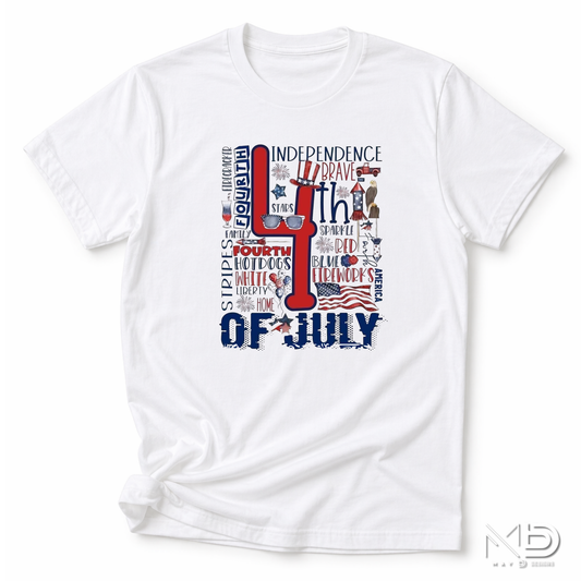 4th of July Word Art Patriotic Shirt | Independence Day Typography Tee | Red White Blue Fireworks Graphic T-Shirt | Americana Celebration Shirt