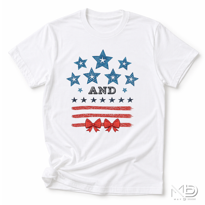 Stars and Stripes Patriotic Bow Shirt | Coquette Fourth of July Tee | Red White and Blue Bow Graphic T-Shirt | Cute Americana Shirt