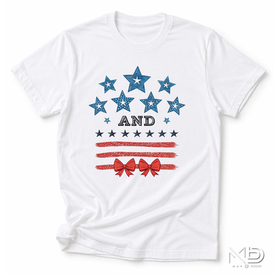Stars and Stripes Patriotic Bow Shirt | Coquette Fourth of July Tee | Red White and Blue Bow Graphic T-Shirt | Cute Americana Shirt