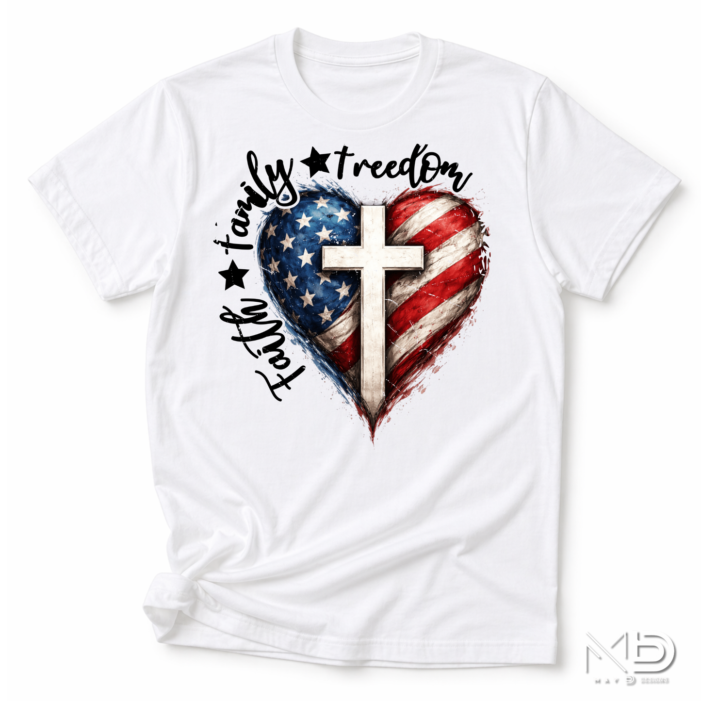 Faith Family Freedom Patriotic Christian Shirt | American Flag Heart Cross Tee | USA Independence Day Christian T-Shirt