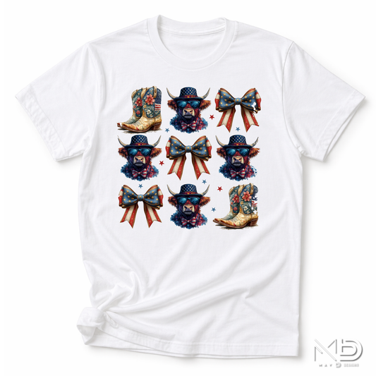 Patriotic Highland Cow & Boots Shirt | Americana Coquette Bow Tee | Western Fourth of July Shirt | Cute USA Cowgirl Graphic T-Shirt