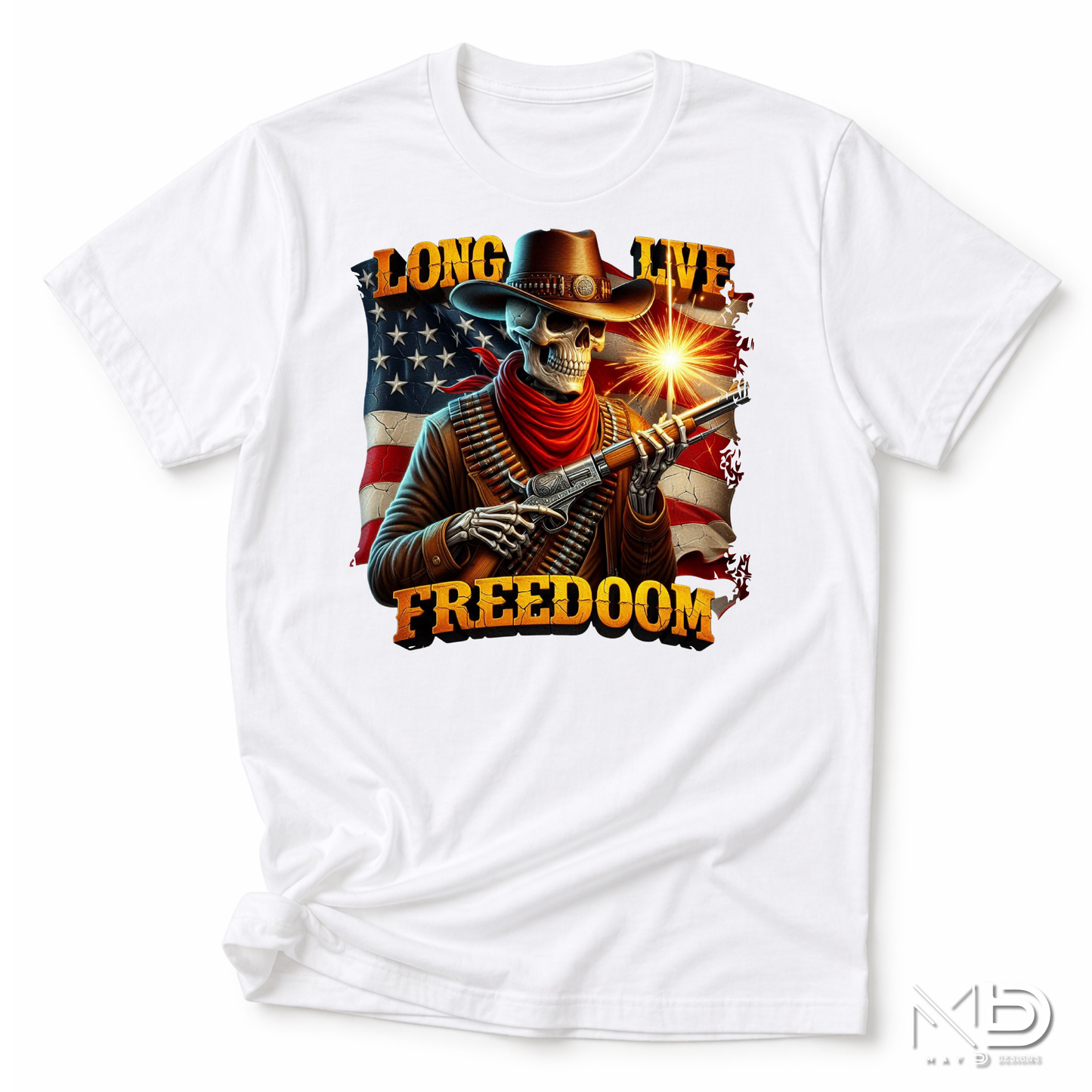 Long Live Freedom Skeleton Cowboy Shirt | Patriotic Western Graphic Tee | American Flag Cowboy Skull T-Shirt | Fourth of July Country Freedom Shirt