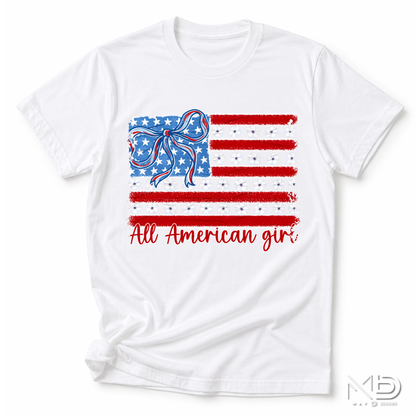 All American Girl Patriotic Flag Shirt | Coquette Bow & Daisy USA Tee | Fourth of July Women’s Graphic T-Shirt | Red White Blue Americana Shirt