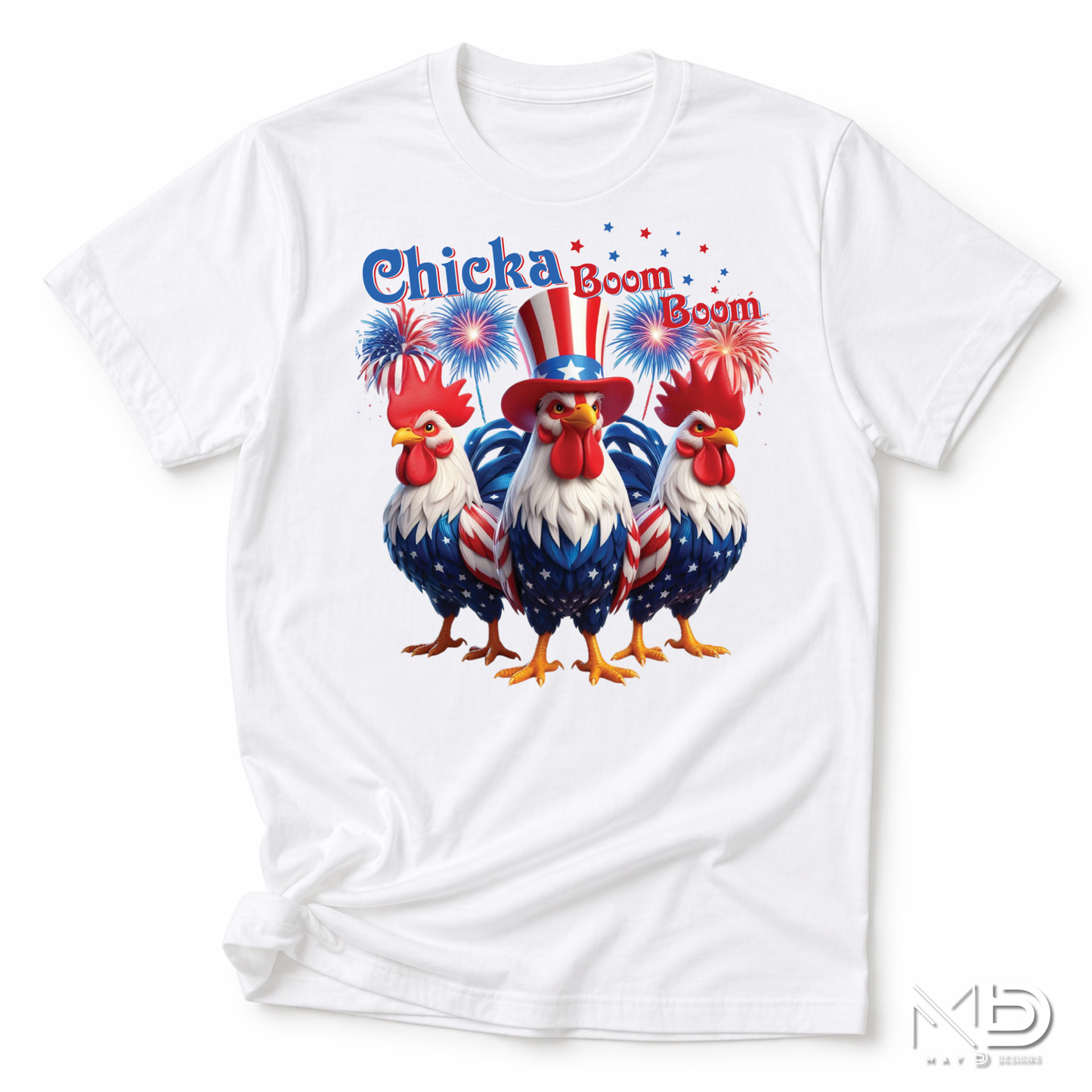 Chicka Boom Boom Patriotic Rooster Shirt | Funny Fourth of July Chicken Tee | Red White & Blue Farmhouse Graphic T-Shirt