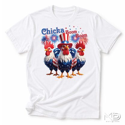 Chicka Boom Boom Patriotic Rooster Shirt | Funny Fourth of July Chicken Tee | Red White & Blue Farmhouse Graphic T-Shirt