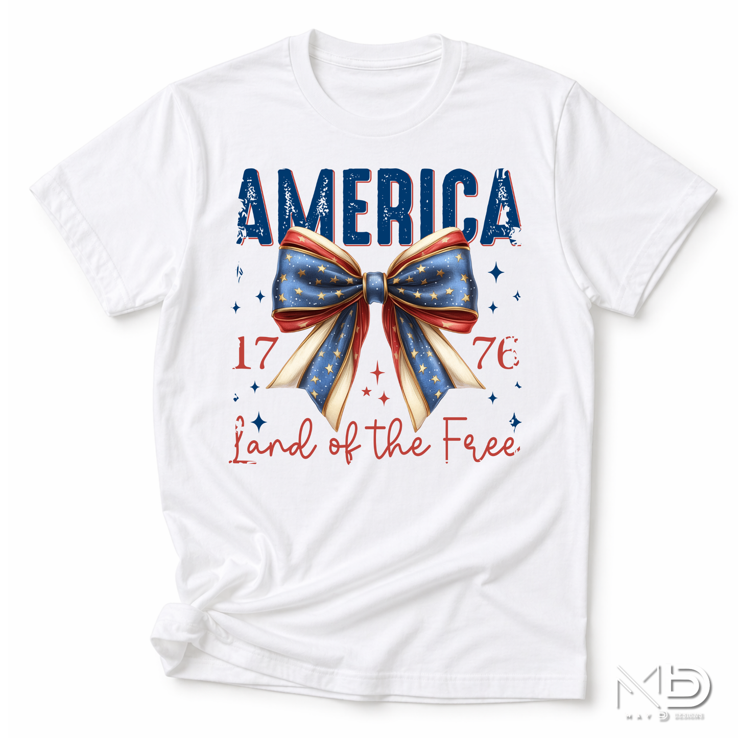 America 1776 Land of the Free Patriotic Bow Shirt | Fourth of July Americana Tee | Red White Blue Graphic T-Shirt