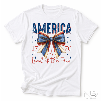 America 1776 Land of the Free Patriotic Bow Shirt | Fourth of July Americana Tee | Red White Blue Graphic T-Shirt
