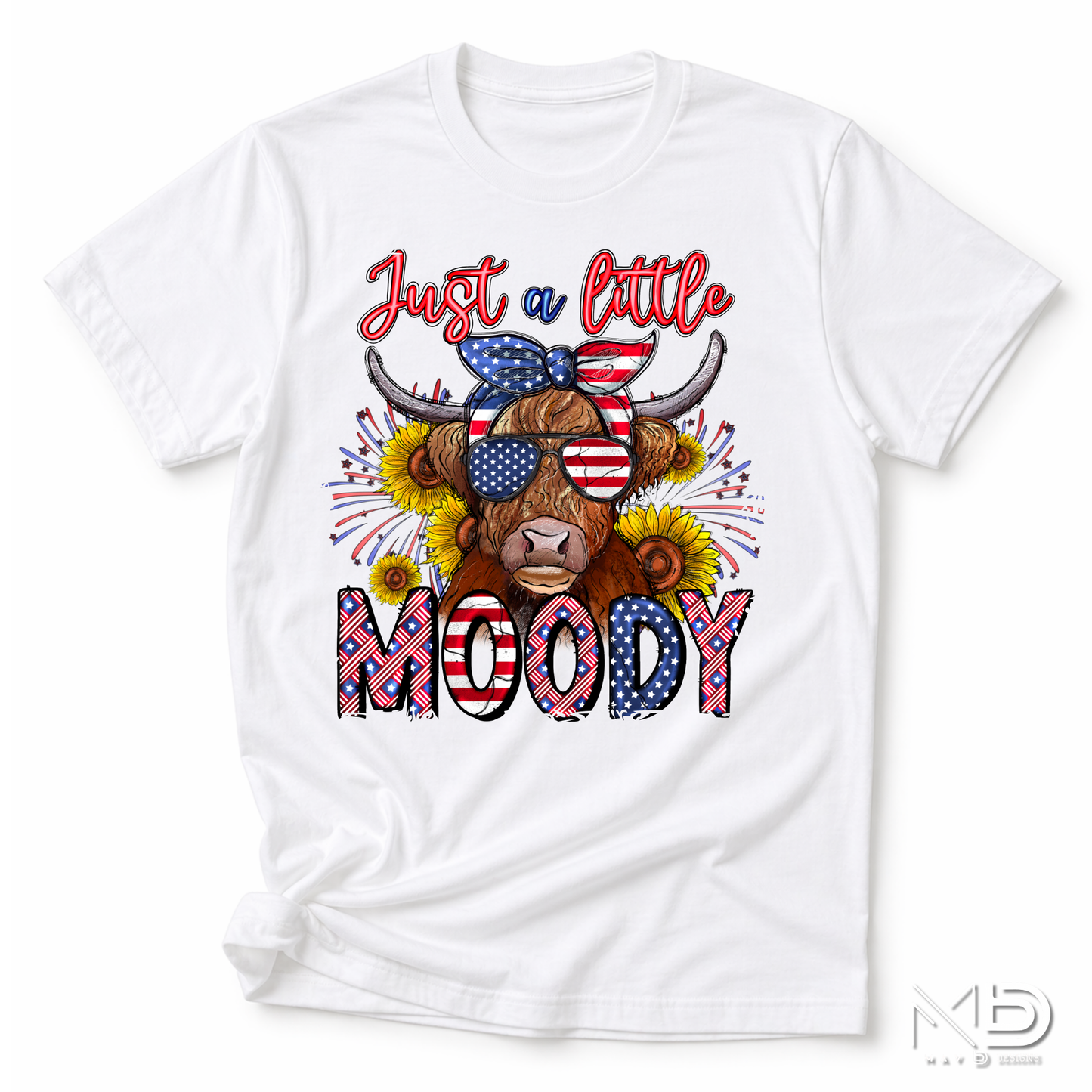 Just a Little Moody Highland Cow Patriotic Shirt | Fourth of July Cow Tee | American Flag Highland Cow Graphic T-Shirt | Funny Independence Day Shirt