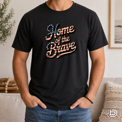 Home of the Brave Patriotic Graphic T-Shirt | Vintage American Flag Typography Tee | Fourth of July USA Shirt | Red White Blue Americana Tee