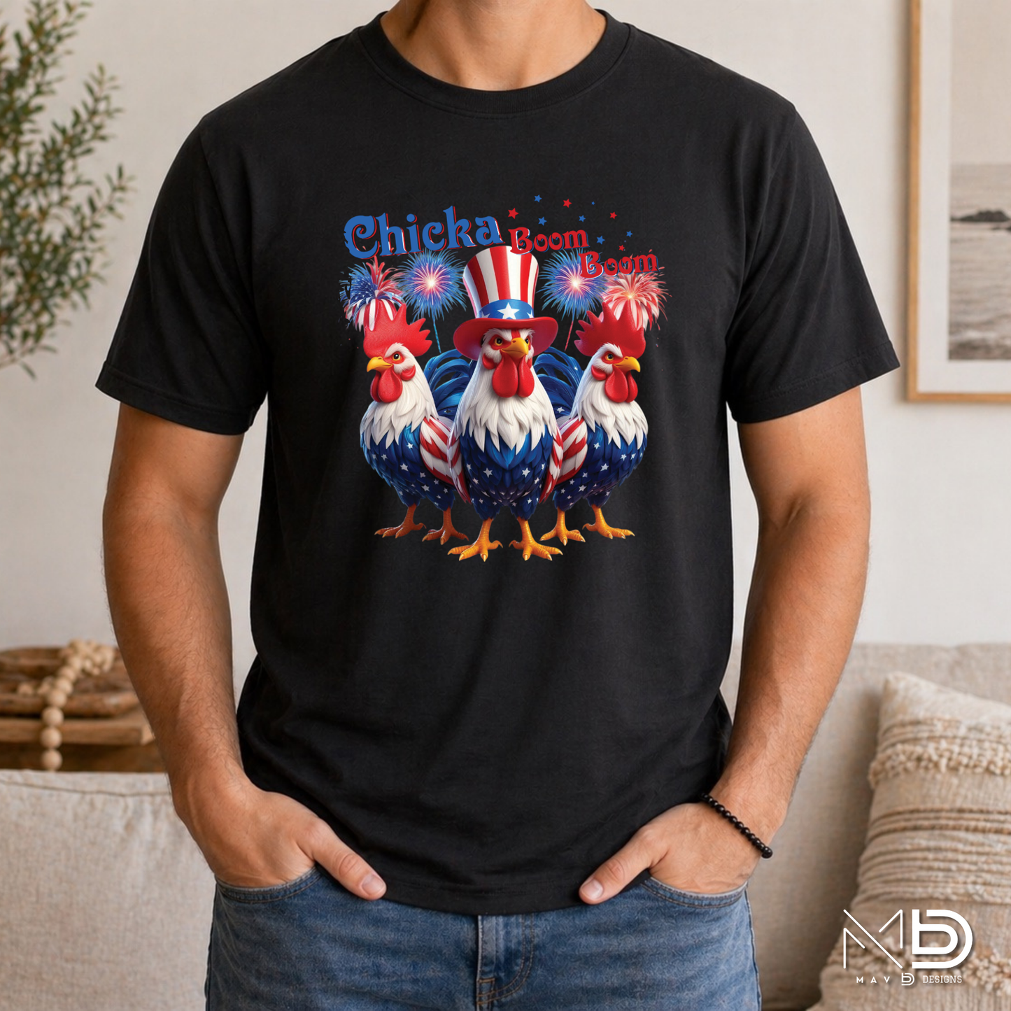 Chicka Boom Boom Patriotic Rooster Shirt | Funny Fourth of July Chicken Tee | Red White & Blue Farmhouse Graphic T-Shirt