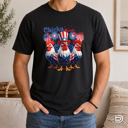 Chicka Boom Boom Patriotic Rooster Shirt | Funny Fourth of July Chicken Tee | Red White & Blue Farmhouse Graphic T-Shirt