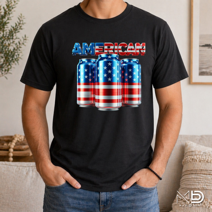 American Flag Beer Can Shirt | Patriotic Drinking Tee | Red White Blue Beer Lover T-Shirt | Fourth of July Party Graphic Tee