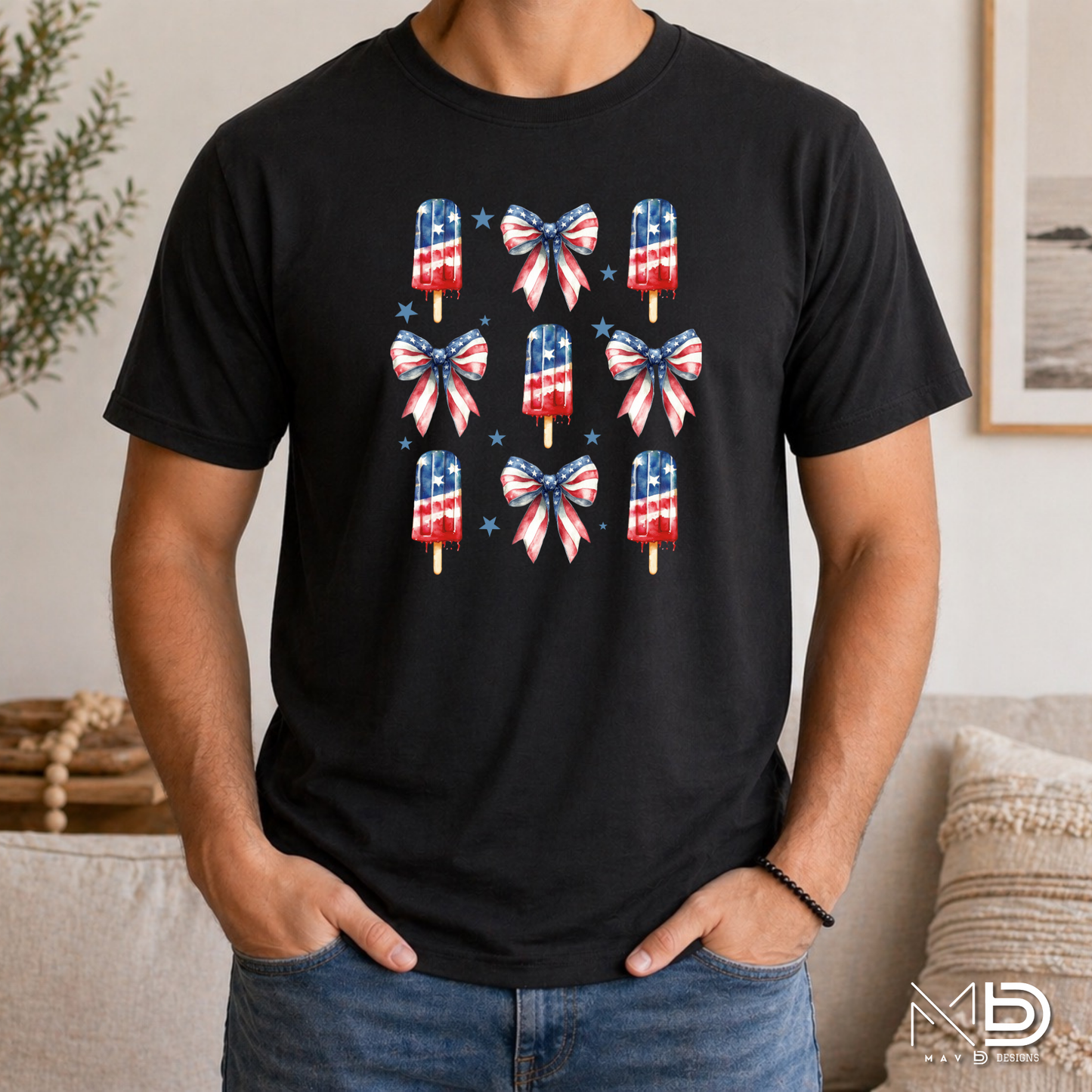 Patriotic Popsicle Shirt | Fourth of July Bow Tee | Red White Blue Summer Graphic T-Shirt