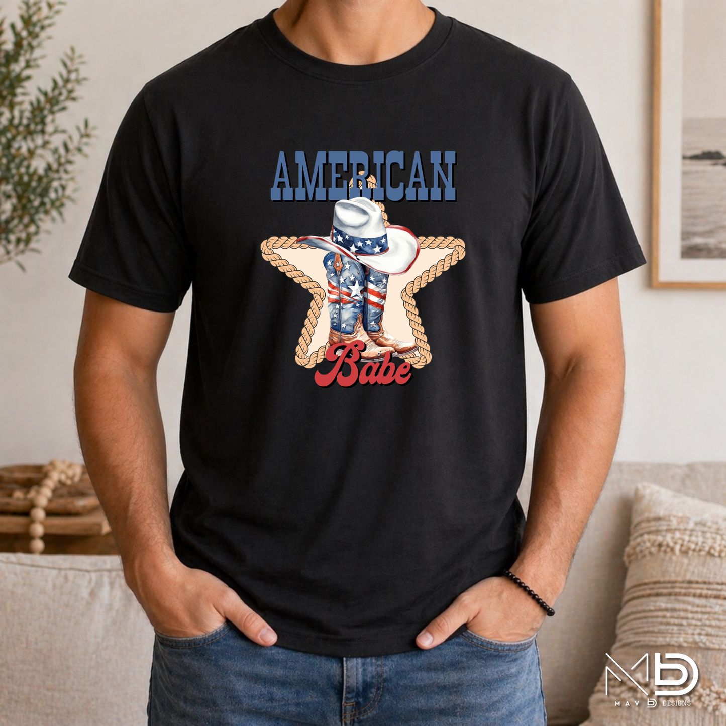 American Babe Shirt | Patriotic Cowgirl Boots & Cowboy Hat Graphic Tee